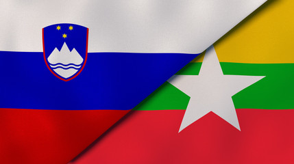 The flags of Slovenia and Myanmar. News, reportage, business background. 3d illustration
