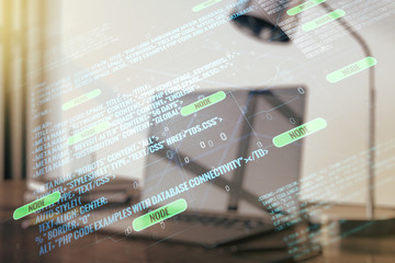 Abstract creative coding illustration on modern computer background, software development concept....