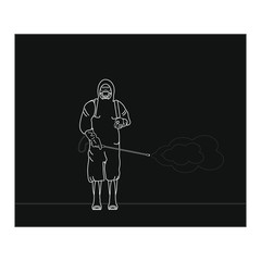 A man with protective equipment is disinfected with a sprayer in the city. Surface treatment due to covid-19 coronavirus disease. Vector illustration for web and mobile design.