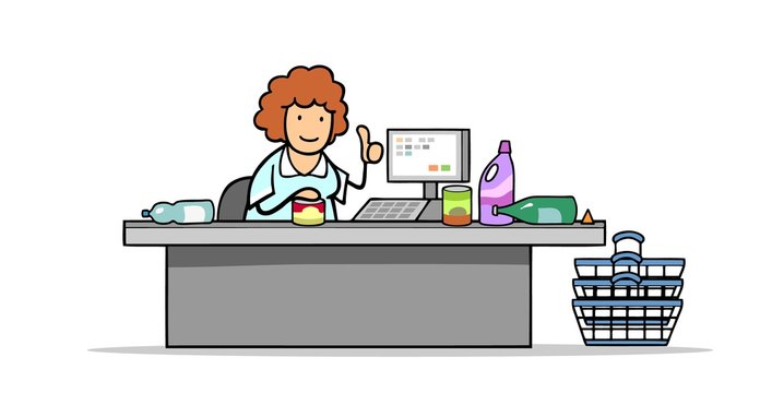 recommend clip art: Frau als Kassiererin an Kasse vom Supermarkt