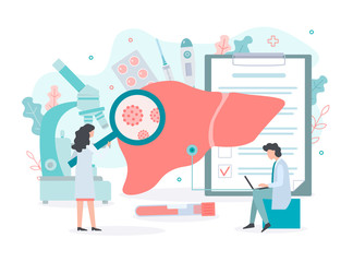 Treatment of hepatitis. Doctors conduct medical tests of the liver. Medical concept with tiny people. Flat vector illustration.