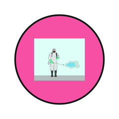 A man with protective equipment is disinfected with a sprayer in the city. Surface treatment due to covid-19 coronavirus disease. Vector illustration for web and mobile design.