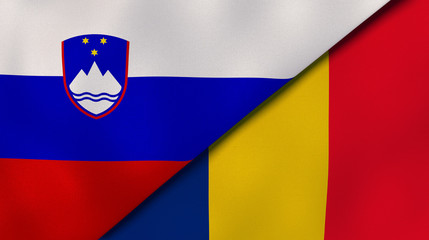 The flags of Slovenia and Romania. News, reportage, business background. 3d illustration