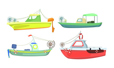 Different kinds of passenger ships and boats over white background