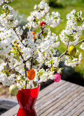 Osterblumenstrauß aus Kirschblüten mit farbigen Eiern in sonnigem Garten.