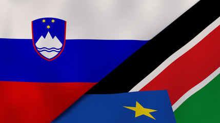 The flags of Slovenia and South Sudan. News, reportage, business background. 3d illustration