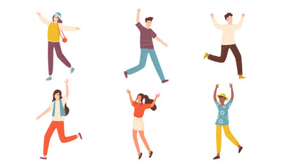 Young smiling girls and boys jumping and feeling happy vector illustration