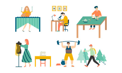Fototapeta premium Set of isolated hand drawn young girls and boys enjoying their hobbies