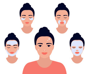Woman face with different facial procedures. Relax with facial masks. Girl take care about her face. Spa beauty treatment, skin care, facial care. Beautiful young woman with clean fresh skin. Vector