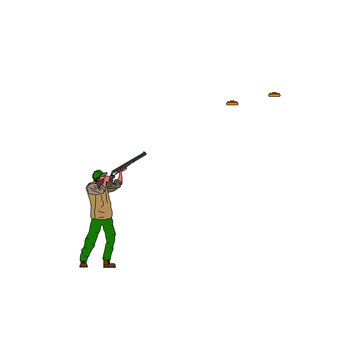 man with shotgun practicing clay pigeon shooting. Vector illustration for web and mobile design.