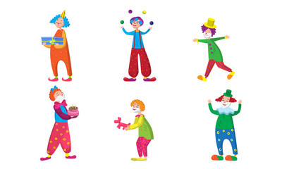 Fototapeta na wymiar Set of positive clowns during show in colorful costumes with accessories for magic