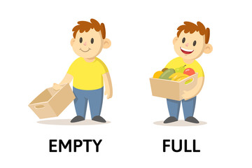Words empty and full textcard with cartoon characters. Opposite adjectives explanation card. Flat vector illustration, isolated on white background. © Tatyana