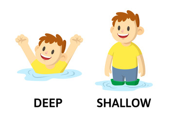 Words deep and shallow textcard with cartoon characters. Opposite adjectives explanation card. Flat vector illustration, isolated on white background.