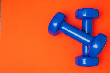 Two blue of dumbbells Isolated on red background