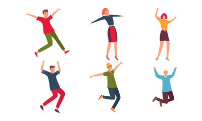 Young smiling people girls and boys jumping and feeling happy vector illustration