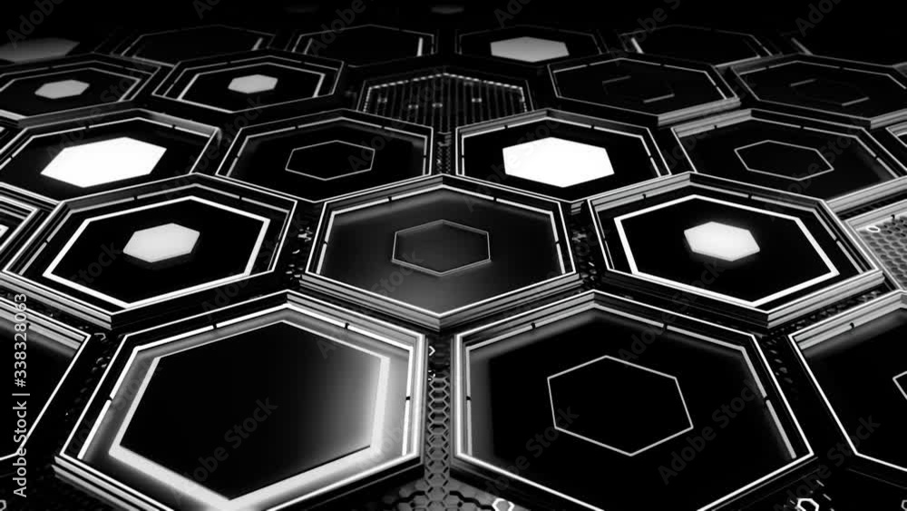 Aufkleber abstract technological background made of black hexagons with white glow, seamless loop. animation. 