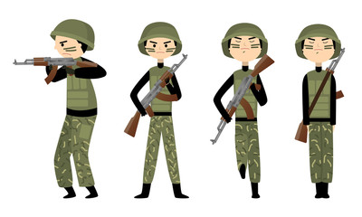 Men in dark green traditional military uniform working in army and forces