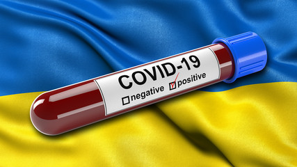 Obraz premium Flag of Ukraine waving in the wind with a positive Covid-19 blood test tube. 3D illustration concept for blood testing for diagnosis of the new Corona virus.