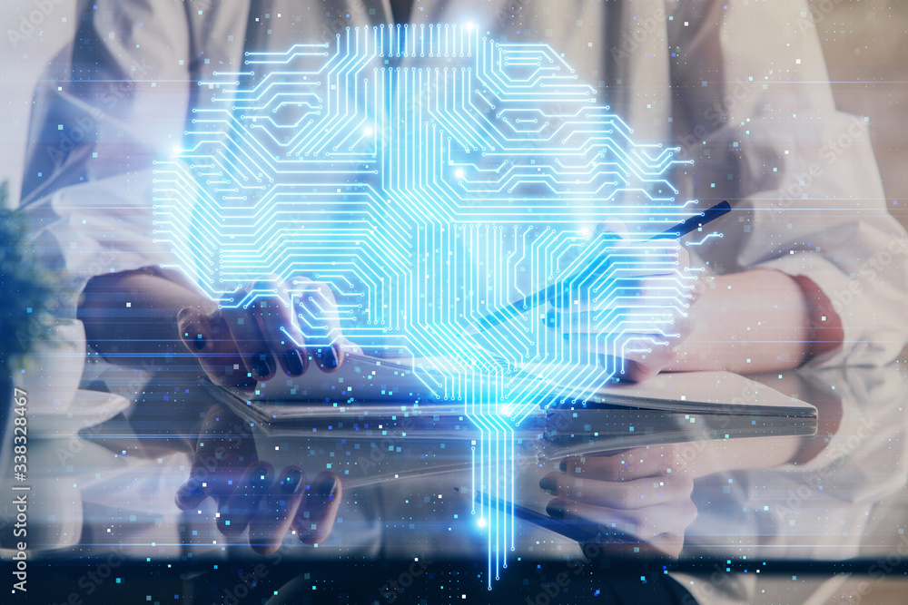 Poster multi exposure of writing hand on background with brain hologram. concept of self learning.