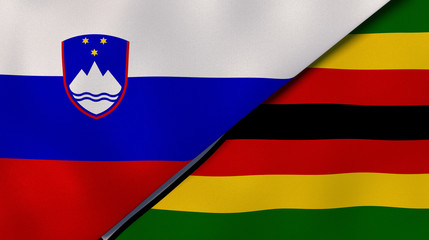 The flags of Slovenia and Zimbabwe. News, reportage, business background. 3d illustration