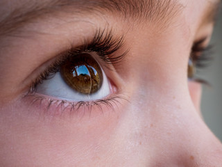 Fototapeta na wymiar Close up image of a girl's brown eye looking out of a window 