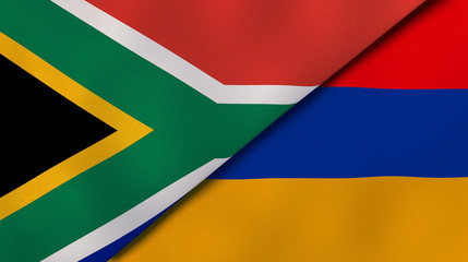 The flags of South Africa and Armenia. News, reportage, business background. 3d illustration