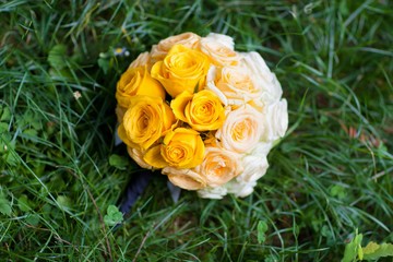 Beautiful wedding bouquet of flowers and greenery and blur background, selective focus.
Amazing happy sunny day