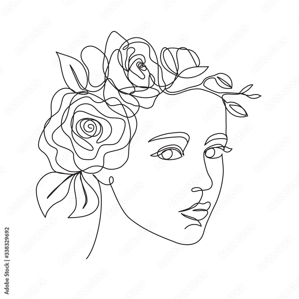 Wall mural Abstract beauty woman face with rose flowers. One line drawing style. Abstract minimalist art