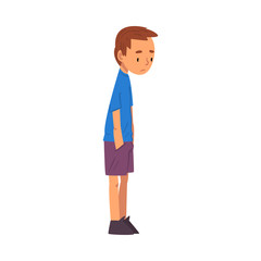 Unhappy Boy, Sad Child in Shorts and Blue Tshirt Vector Illustration