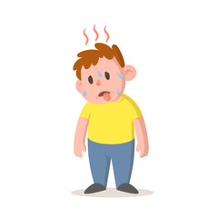 Sweating boy feeling hot, high temperature, hot weather. Cartoon character design. Colorful flat vector illustration, isolated on white background.