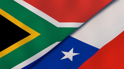 The flags of South Africa and Chile. News, reportage, business background. 3d illustration