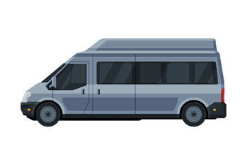 Gray Mini Van Car, Public or Cargo Transportation Vehicle, City Commercial Mini Bus Flat Vector Illustration