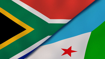 The flags of South Africa and Djibouti. News, reportage, business background. 3d illustration
