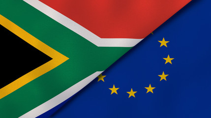 The flags of South Africa and European Union. News, reportage, business background. 3d illustration