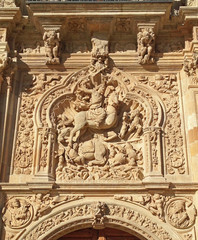 Main entrance of the convent of San Marcos, in Leon (Spain). Detail of the high relief of Santiago triumphant in the battle of Clavijo in Plateresque style.