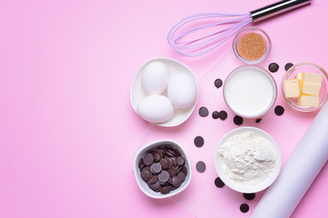 Ingredients for preparing bakery on color background