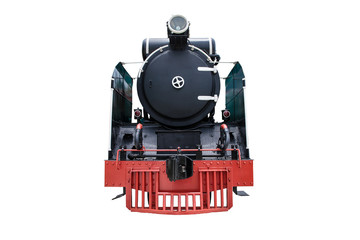 Steam engine locomotive train head on white background, vintage old train, isolated, clipping path included