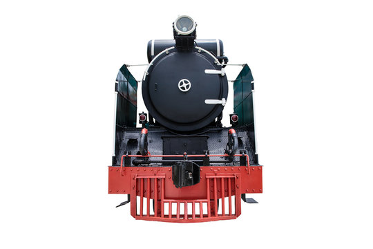 Steam engine locomotive train head on white background, vintage old train, isolated, clipping path included