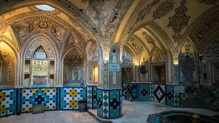 Kashan, Iran - May 2019: Interior tiles and decoration of Sultan Amir Ahmad Qasemi Bath house