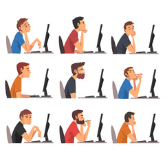 Bored Men Working with Computer Collection, Lazy Guys in Casual Clothes Procrastinating at Workplace, Unmotivated or Unproductive Worker Character, Side View Vector Illustration