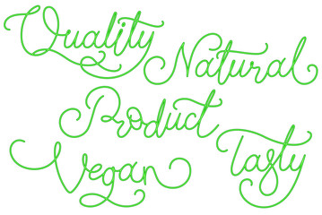 Obraz na płótnie Canvas Vector set of green calligraphy Inscriptions labels for natural quality vegan product packing and advertising design