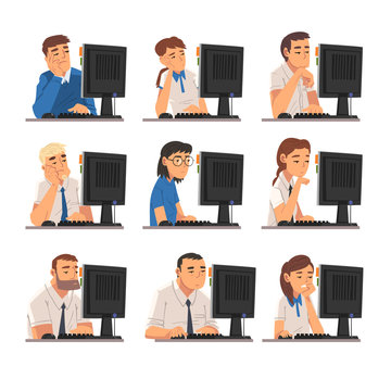 Bored Business People Sitting at Office Desk Collection, Lazy Employees Procrastinating at Workplace, Unmotivated or Unproductive Manager Characters Vector Illustration