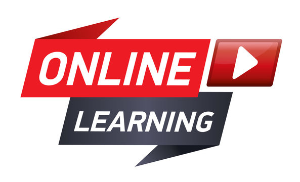 Red Banner or button for online learning. Vector illustration red ribbon isolated on white with button and arrow.
