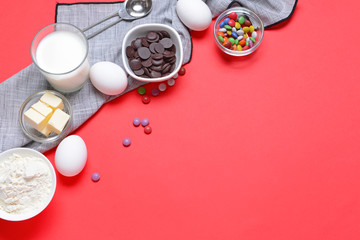 Ingredients for preparing bakery on color background