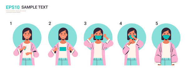 how to wear medical face mask covid-19 protection asian woman presenting step by step correct method of wearing mask to reduce coronavirus spreading horizontal portrait vector illustration