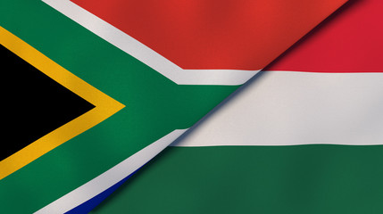 The flags of South Africa and Hungary. News, reportage, business background. 3d illustration