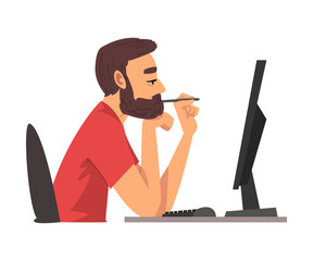 Bored Man Working with Computer, Lazy Guy Procrastinating at Workplace, Unmotivated or Unproductive Worker Character, Side View Vector Illustration