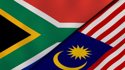 The flags of South Africa and Malaysia. News, reportage, business background. 3d illustration