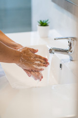 Washing hands rubbing with soap man for corona virus prevention, hygiene to stop spreading coronavirus