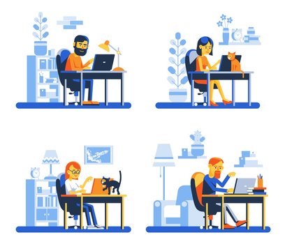 People work with laptops sitting at the table. Men and women online workers with computers. Vector illustration.